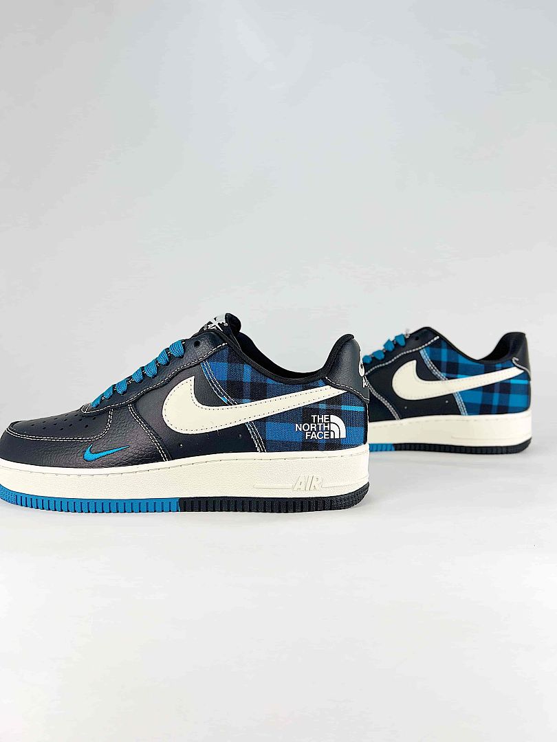 Nike Air Force 1 '07 Low JL8888-004 Black White Blue Plaid Sneakers
