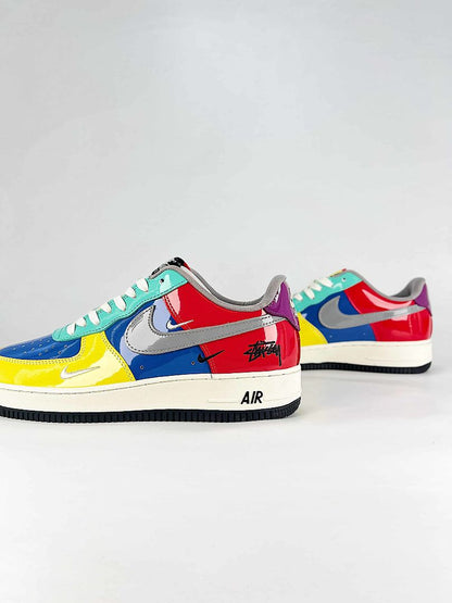 Nike Air Force 1 07 Low DD1982-376 Graphic Patchwork Sneakers Red Blue Yellow Teal White