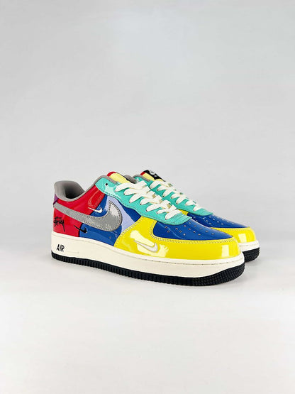 Nike Air Force 1 07 Low DD1982-376 Graphic Patchwork Sneakers Red Blue Yellow Teal White