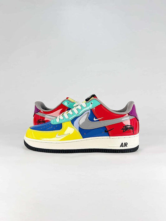 Nike Air Force 1 07 Low DD1982-376 Graphic Patchwork Sneakers Red Blue Yellow Teal White