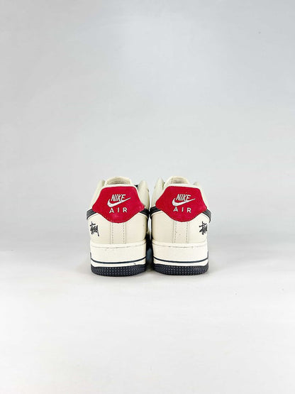 Nike Air Force 1 07 Low DW8806-019 Stussy Script Supreme Box Logo Graphic Detail Sneakers Sail Black Red