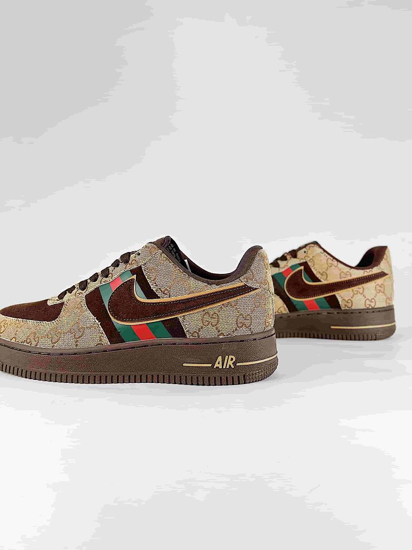 Nike x Gucci Air Force 1 07 Low FV3694-117 GG Monogram Green Red Stripe Sneakers Beige Brown