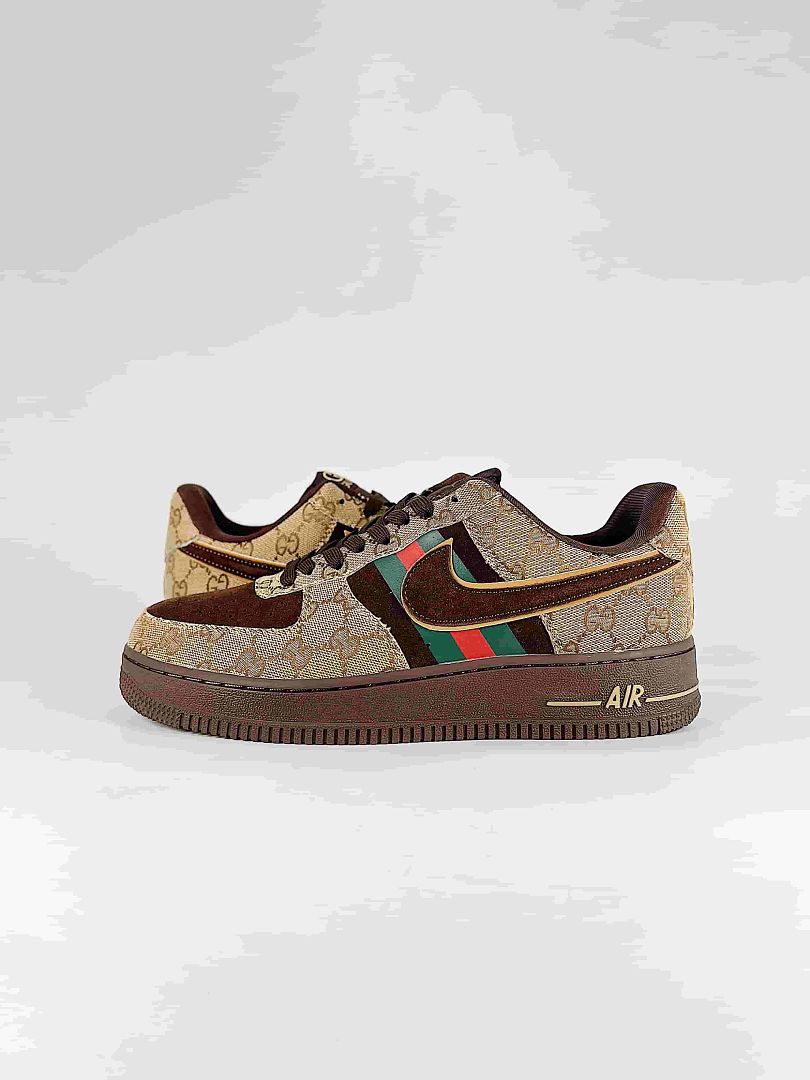 Nike x Gucci Air Force 1 07 Low FV3694-117 GG Monogram Green Red Stripe Sneakers Beige Brown