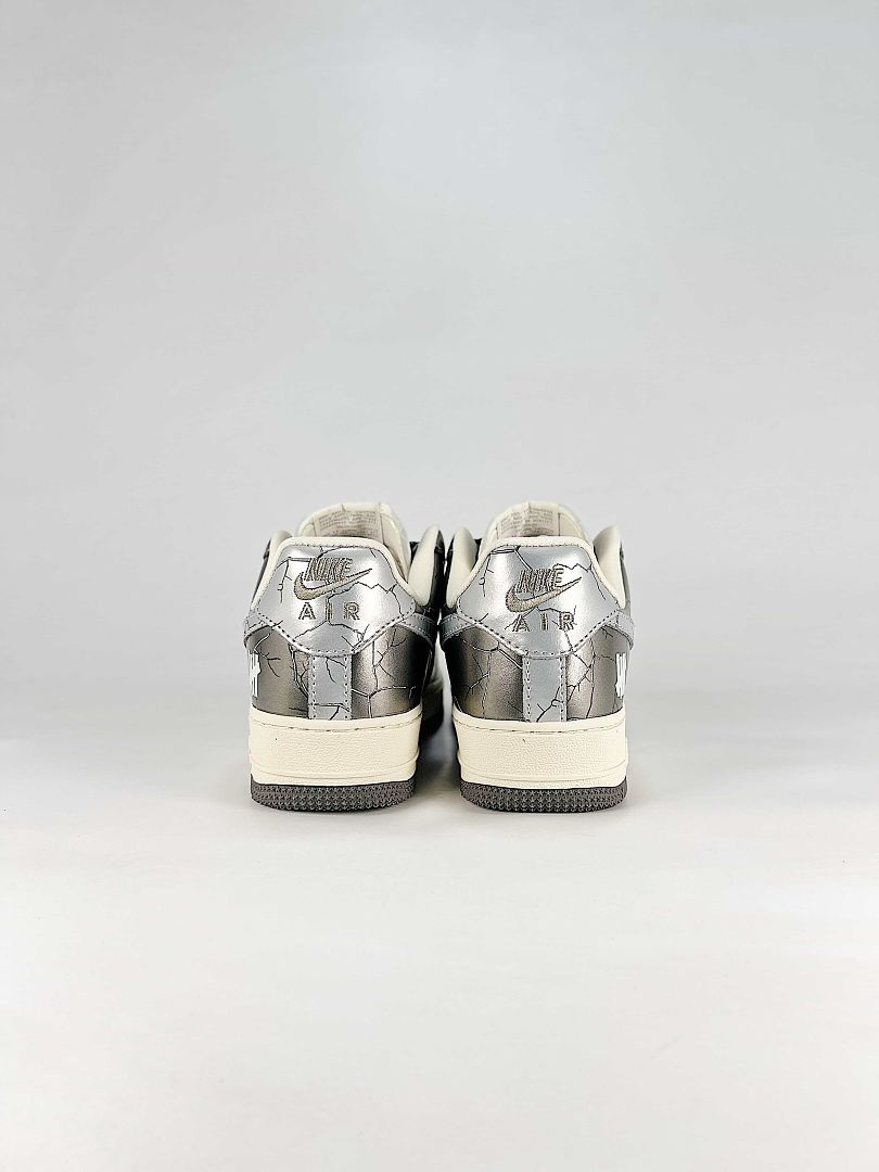 Nike Air Force 1 07 Low JC8888-003 Metallic Crackle Graphic Sneakers Silver Black