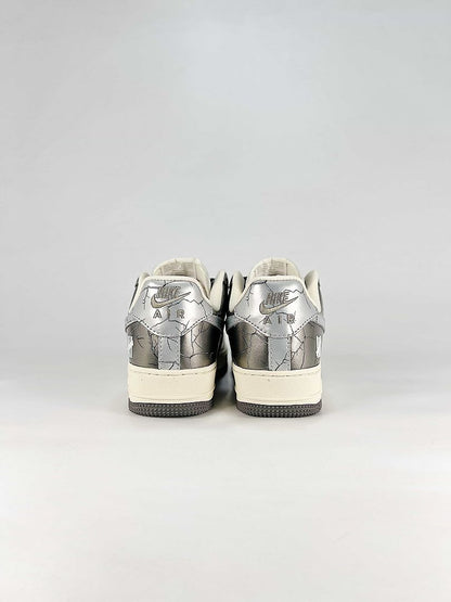 Nike Air Force 1 07 Low JC8888-003 Metallic Crackle Graphic Sneakers Silver Black