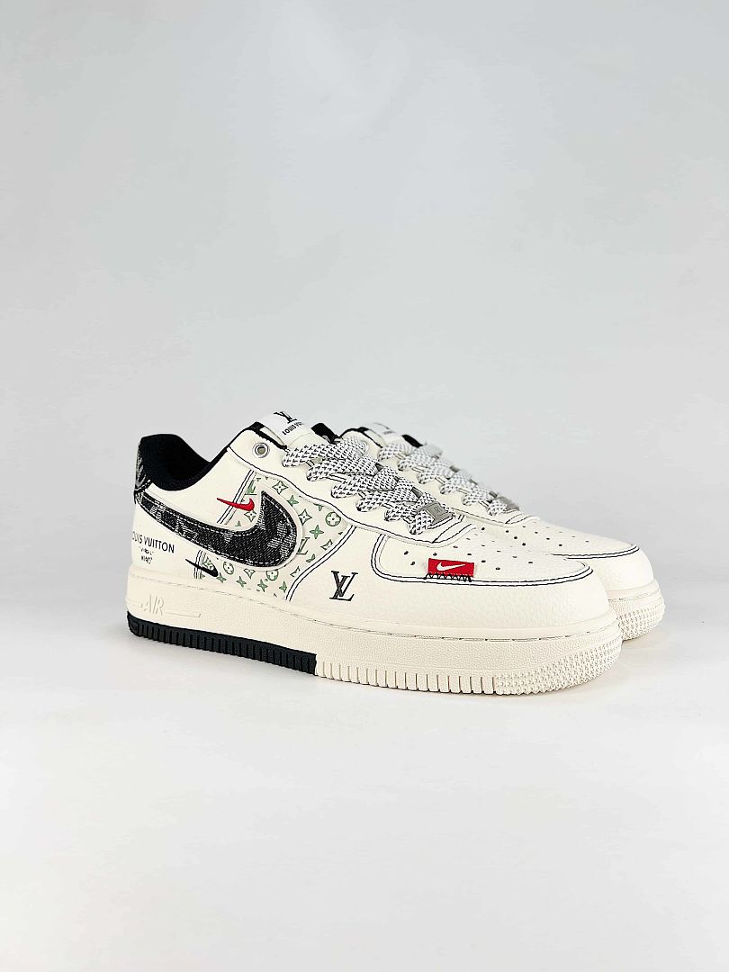 Nike x Louis Vuitton Air Force 1 07 Low YX5066-341 Monogram Graphic Sneakers Cream Black Red